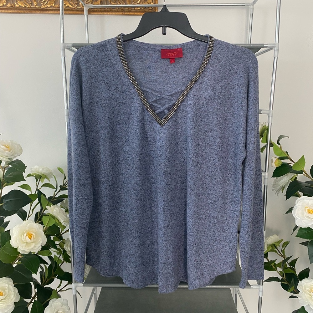 Gray V-Neck Sweater with Beaded Trim